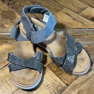 BOBS Skechers Women's Gray Rhinestone‎ Criss Cross Ankle Strap Sandals Size 6